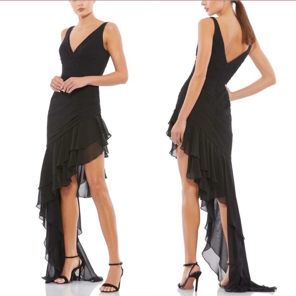 Mac Duggar Asymmetrical Ruffled Chiffon V-Neckline/Back Dress Sz 2